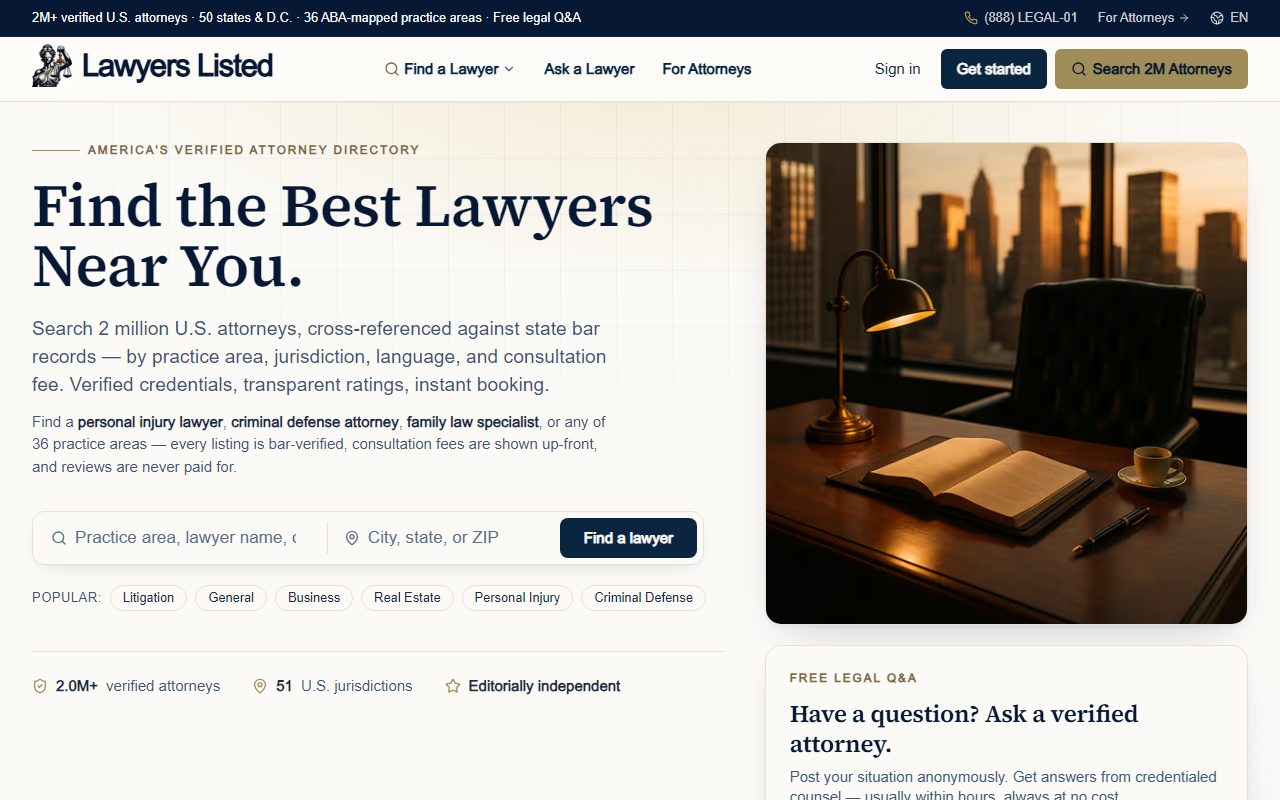 LawyersListed — ABD Doğrulanmış Avukat Dizini